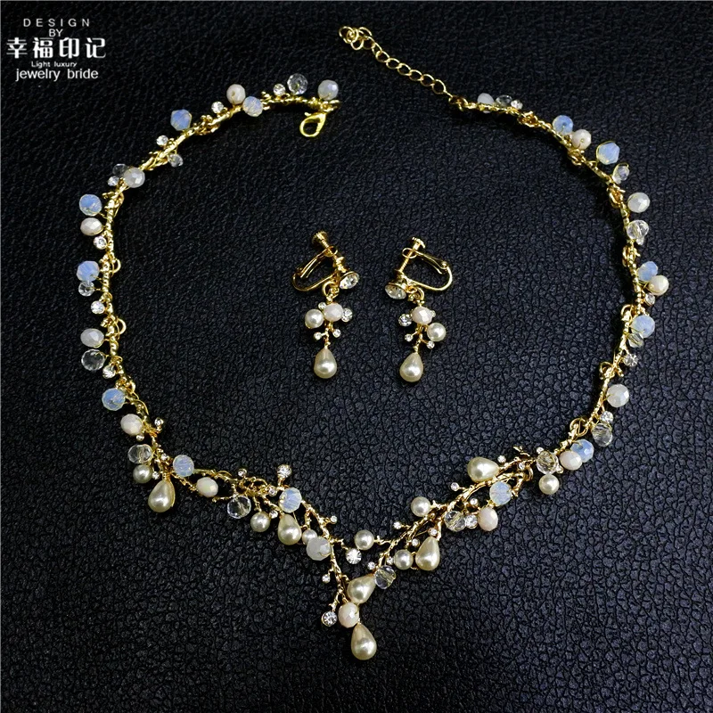 

Korean Style Bride Handmade Necklace Earrings Two-Piece Set Clip-on Pearl Man-made Diamond Wedding Dress Ornament Korean Style