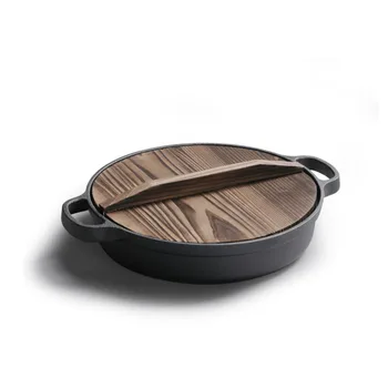 

35cm Cast Iron Frying Pan with Wooden Cover Pancake Pan Uncoated Pan Frying Pan Induction Cooker Universal Cookware