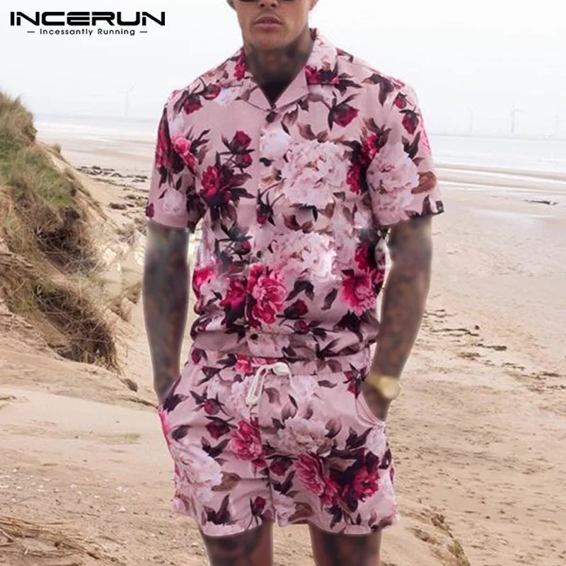 Shirt Shorts Hawaiian-Suits Men-Sets INCERUN Streetwear Men Beach-Lapel 2-Pieces Breathable