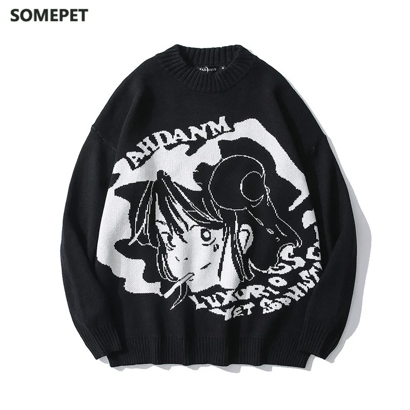 

Oversized Pullover Hip Hop Harajuku Mens Sweater Japanese Anime Girl Pattern Casual Streetwear Women Sweater Cotton O-Neck Tops