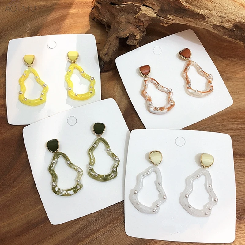 

AOMU Acrylic S925 Sterling Silver Pin Geometric Irregular Hollow Pearl Dangle Drop Earrings for Women Girl Party Gift Jewelry