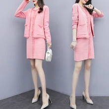 MUMUZI Plaid coat+ beaded vest dress knit female new pink outfits plaid short coats and dresses 2pcs set suit
