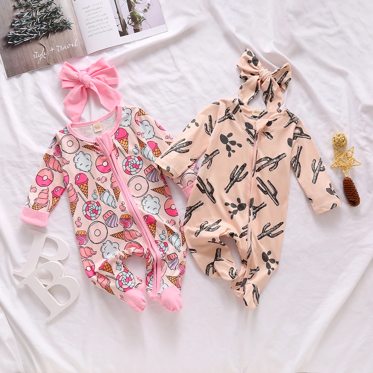 Newborn Baby Autumn Footies 0-6M Infant Girls Boys Cute Pattern Printed Long Sleeve Zipper Jumpsuit with Headband Outfit | Детская