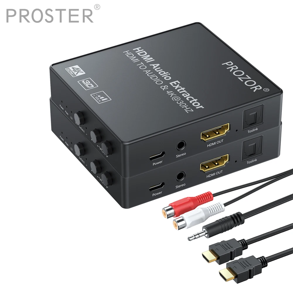 

PROSTER 1 pcs HDMI Audio Extractor with Volume Control 3.5mm Stereo Audio Support 4K 3D 1080P HDMI to Optical Spdif Toslink