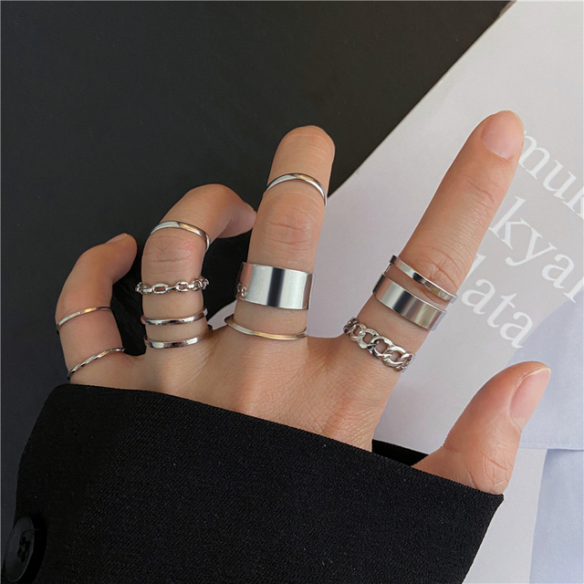 Women Ring Set Punk Cool Anillos Vintage Simple Black Cross Chain Joint Rings Sets Women Accessories Jewelry Gifts Party