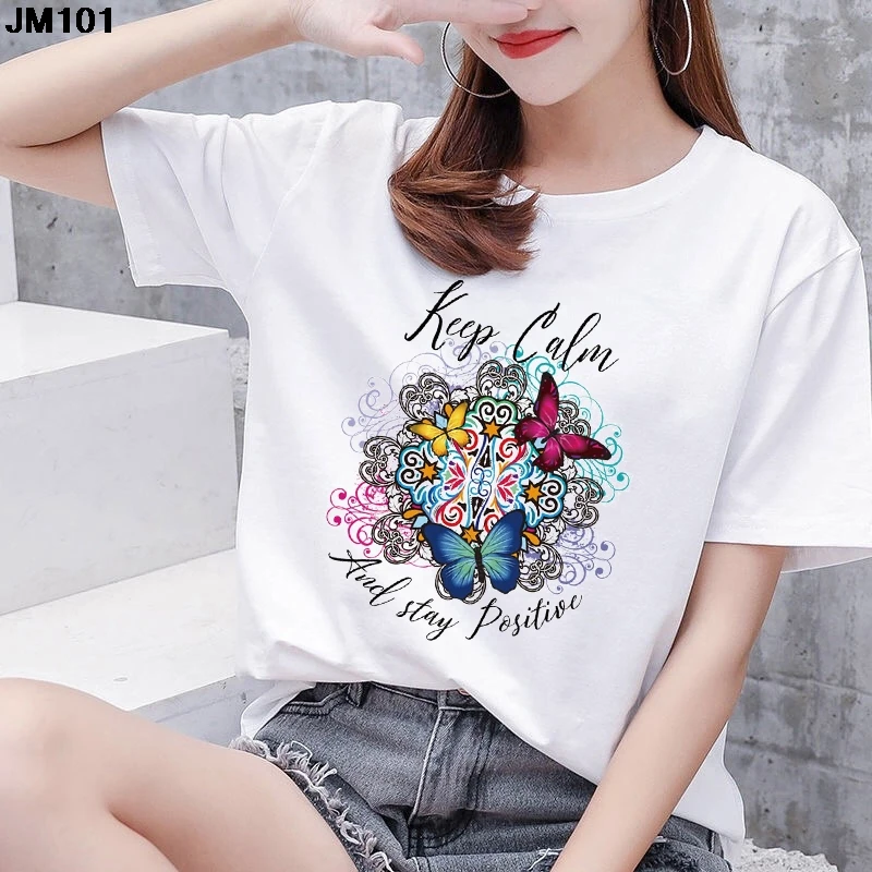 

Harajuku Women's T-shirt Summer Fashion Butterfly Flower Print Ladies Tshirt Casual Short Sleeve White Large Size Top Female Tee