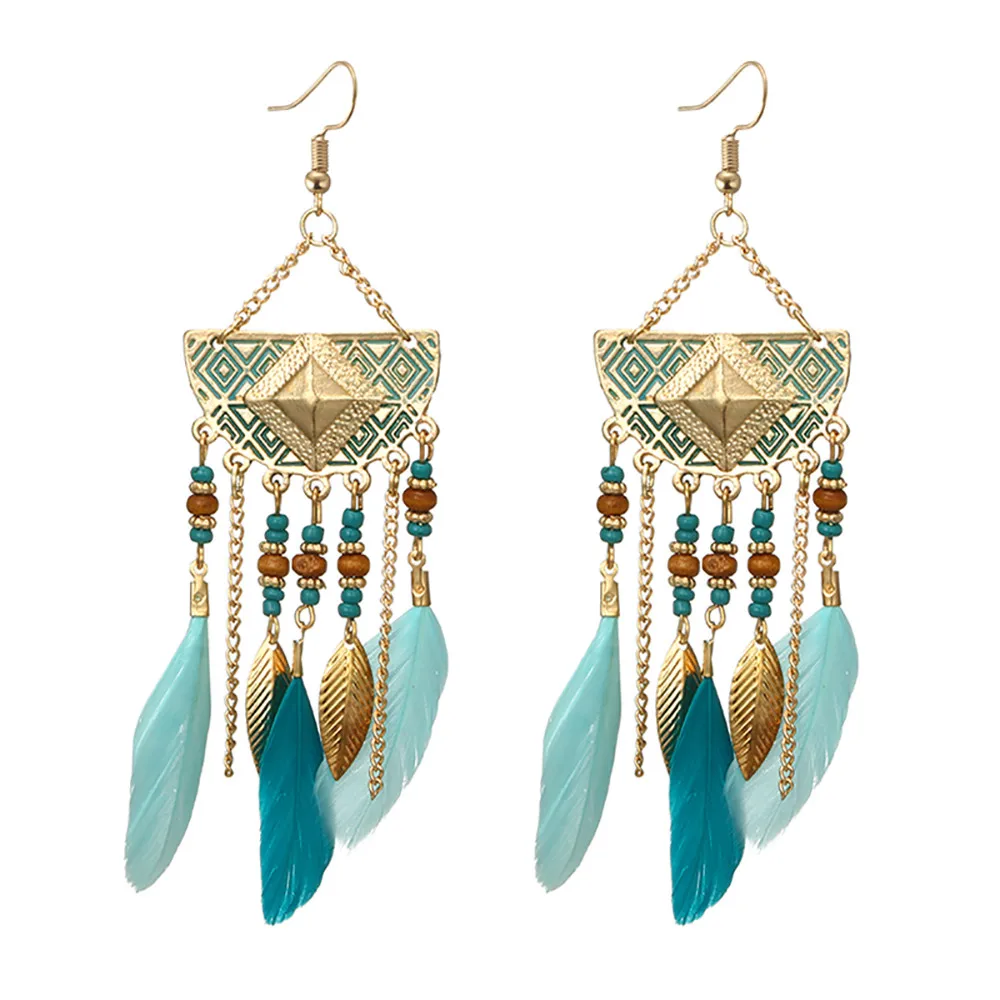 

NEW Womens earings fashion jewelry kolczyki сережки aretes de mujer oorbellen Bohemian Fan-shaped Beaded Tassel Feather H51