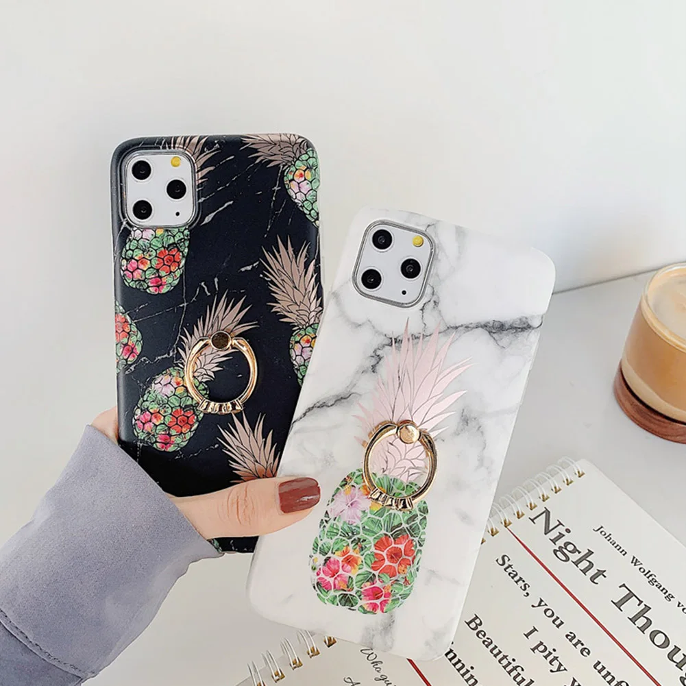 Gold Foil Silicone Holder Case for iPhone 7 8 Plus X XR 11 Pro Max Pineapple Texture TPU Cover 360 Finger Ring Shell Capa |