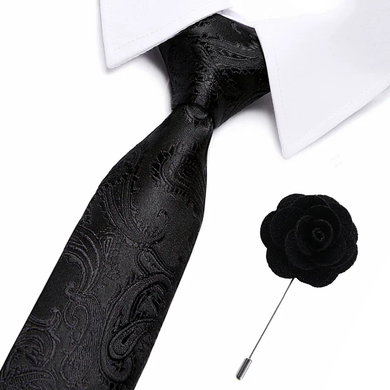 

New Classic 100% Silk Men's Ties Black Print Neck Ties 7.5cm Ties with flower pin for Men Formal Business Wedding Party Neckties