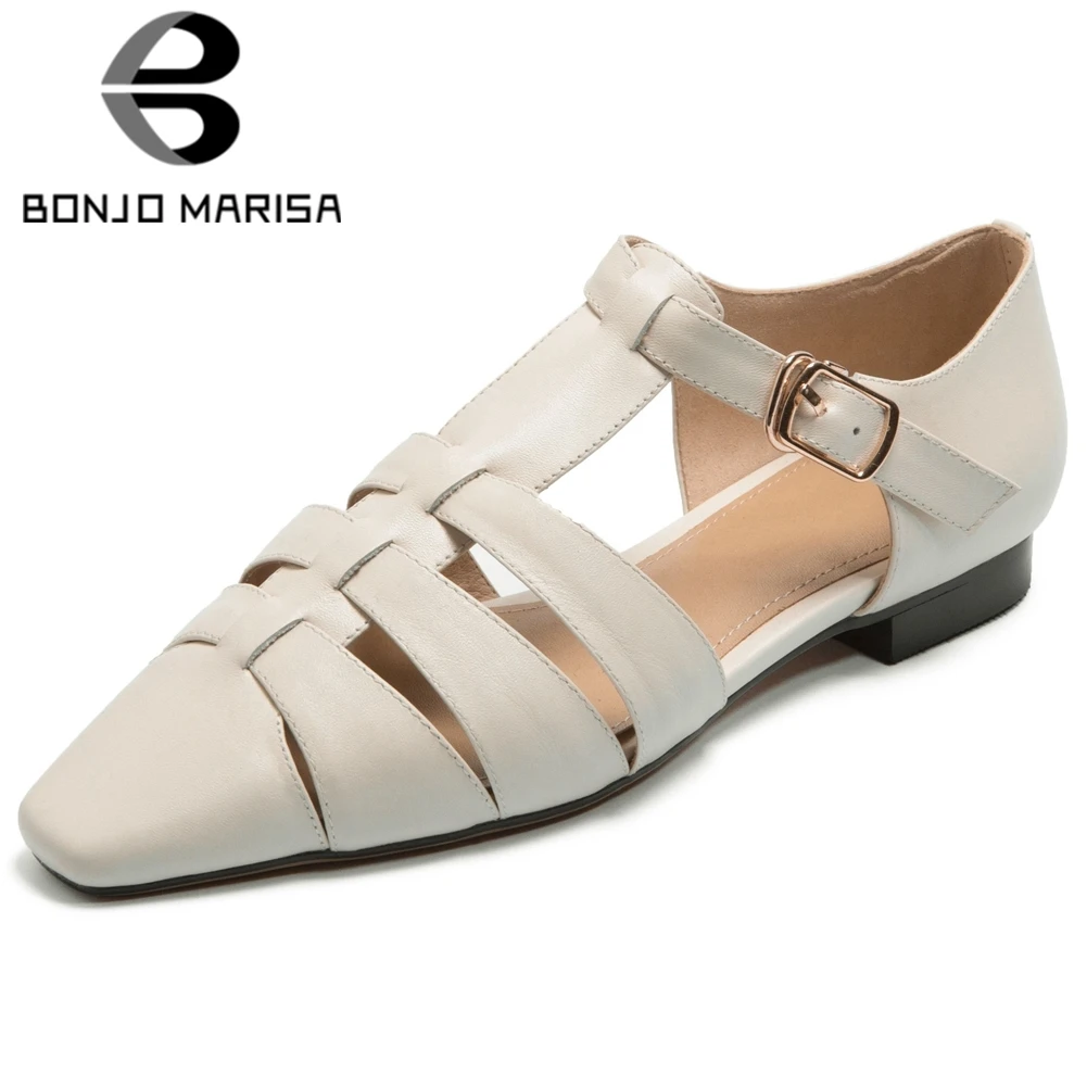 

BONJOMARISA Retro Genuine Leather Ladies Sandals Hollow Out Solid Low Heel Sandals Women Brand Daily Casual Shoes Woman