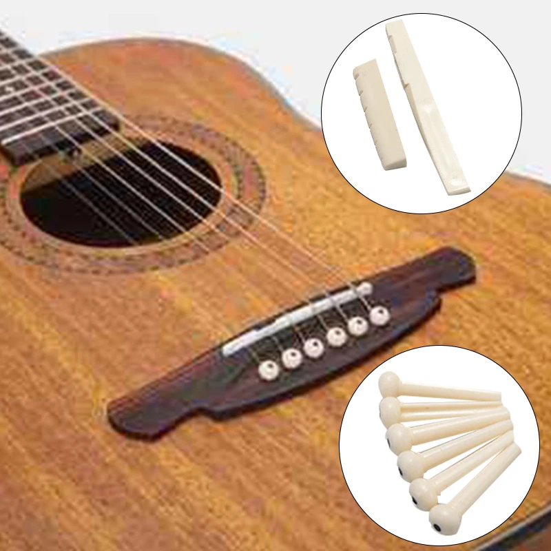 Quality 6 Bridge Pins + saddle + bridge saddle Bone / Bone Acoustic