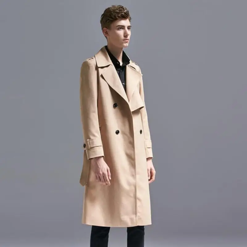 

Coat Long Plus Size 6xl Solid Color Double Breasted British Overcoat With Belt Fashion New Jackets Men Trench Man