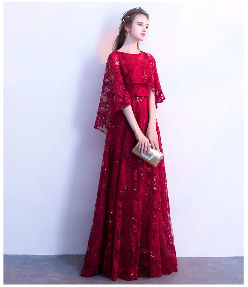 Wine Red Sequined Lace Long Prom Dresses 2019 A-line Scoop Neck With Jacket Floor-length  Plus Size Formal Dresses For Women