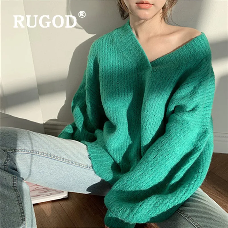 RUGOD, зимний теплый свитер для женщин, корейский шик, v-образный вырез, рукав-фонарик, мягкие Пуловеры для девушек, Harajuku, утолщенный свитер большого размера