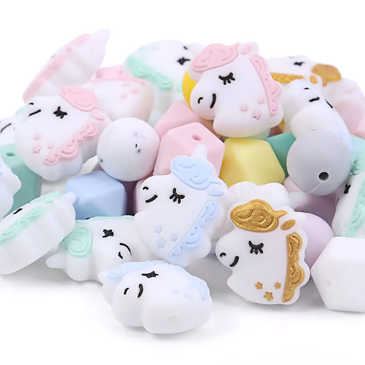LOFCA  Teether 실리콘 구슬 5pcs 유니콘 라운드 실리콘  젖니가 남 구슬 식품 학년 간호 씹는 실리콘 구슬 
