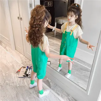 

Teens Fashion Clothes Set Orange Green Color Jumpsuit Overalls Shorts and Striped Tee Top Two Pieces Suit Overalls for Children