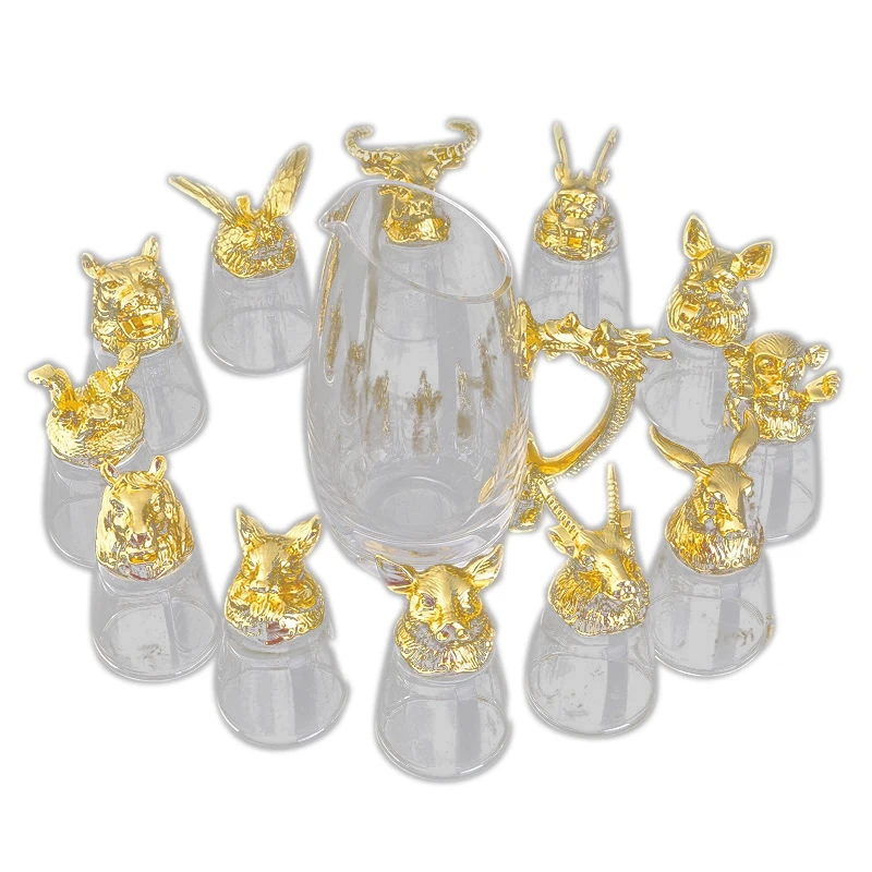 

A Set of Household Crystal Glass 12 Zodiac White Wine Glasses Decanter Set Restaurant Party Wine Glass Chinese Retro Wine Set