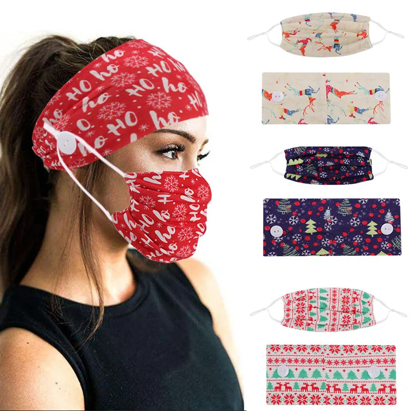 

2Pcs/set Christmas Button Headband With Mask Soft Yoga Sports Elastic Hair Band Turban Hair Accessories Fashion With Mask Women