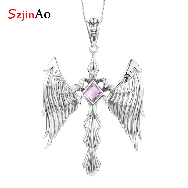 

SzjinAo Luxury Elegant Angel Solid 925 Sterling Silver Sapphire Pendant September Birthstone Fine Jewelry Women Accessories