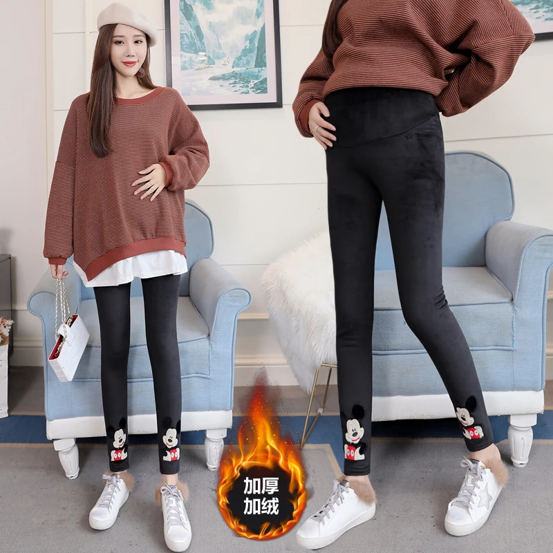 

Winter Maternity Leggings High Waist Trousers Thickened Warm Plus Velvet Pregnancy Pants For Pregnant Women Mickey Leggings 2xl