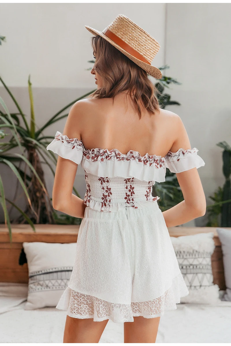 New 2021 Casual Crop Tops Off Shoulder Ruffles Print OC0152