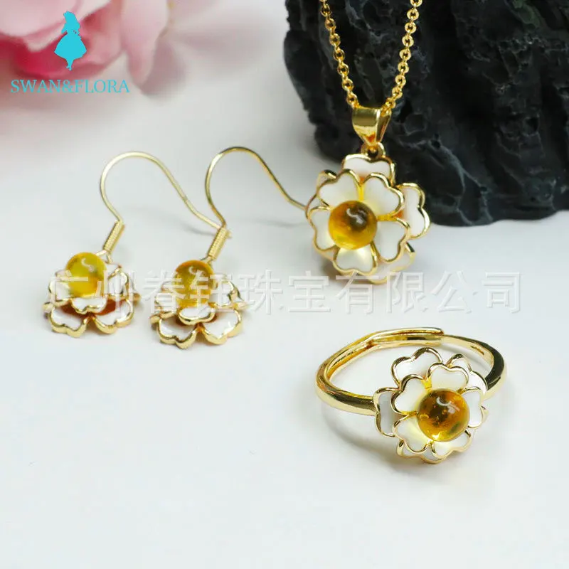 

Mexican Blue Amber Pendant Necklace camellia flower set honey wax pendant Ring Earring set jewelry stationery accessories
