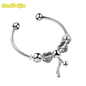 

Charm Bangle Bracelet Alloy Closable Round Bead Openwork Love Sliver Color Chain for Pulceras Fashion European Style Jewelry