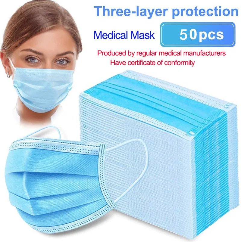 

50PCS Disposable Protective Mask 3 Layers Dustproof Facial Protective Cover Masks Maldehyde Prevent bacteria anti-virus Masks