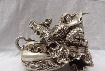 

song voge gem S2656 9" Chinese Silver Sculpture Fu RuYi Hoptoad Toad Ride Cabbage Brass Coin Statue