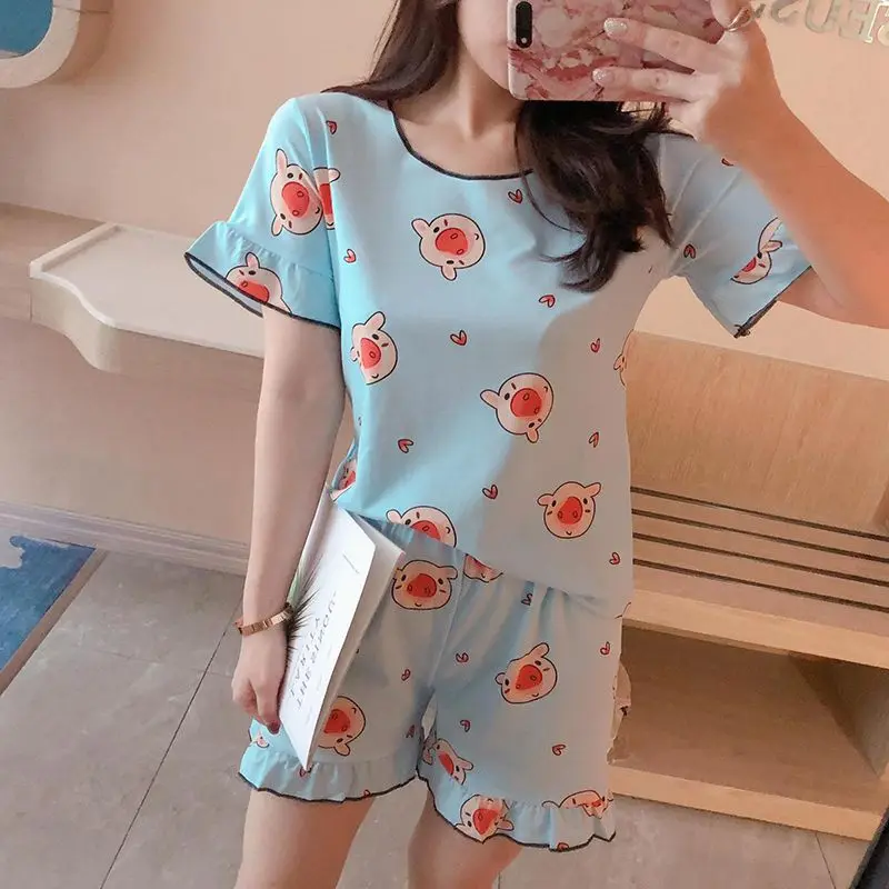 

2019 Summer Pajamas Women Plus Size Cartoon Thin Print Sexy Simulation Soild Silk Short Sleeve Top Romantic Shorts Two Sets!