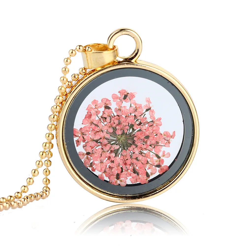 Круглые стеклянные парящие Медальоны кулон с высушенным цветком ожерелье s модное ожерелье летние ювелирные изделия для женщин/подарок девушке другу - Окраска металла: gold pink