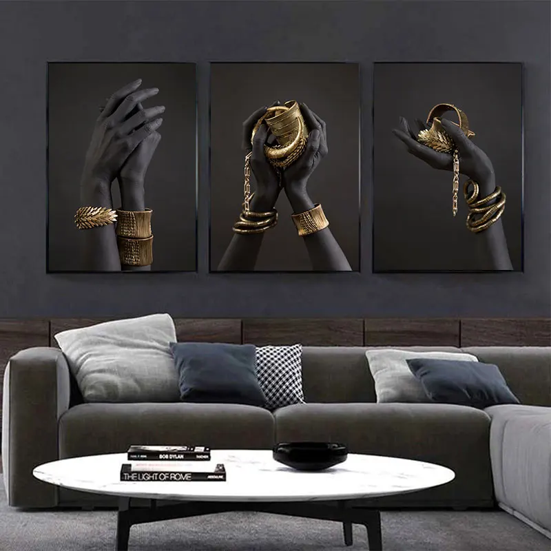 Black And Gold Hand With Gold Bracelet Oil Painting On Canvas African Art  Posters Prints Wall Pictures For Living Room Decor - Painting & Calligraphy  - Aliexpress