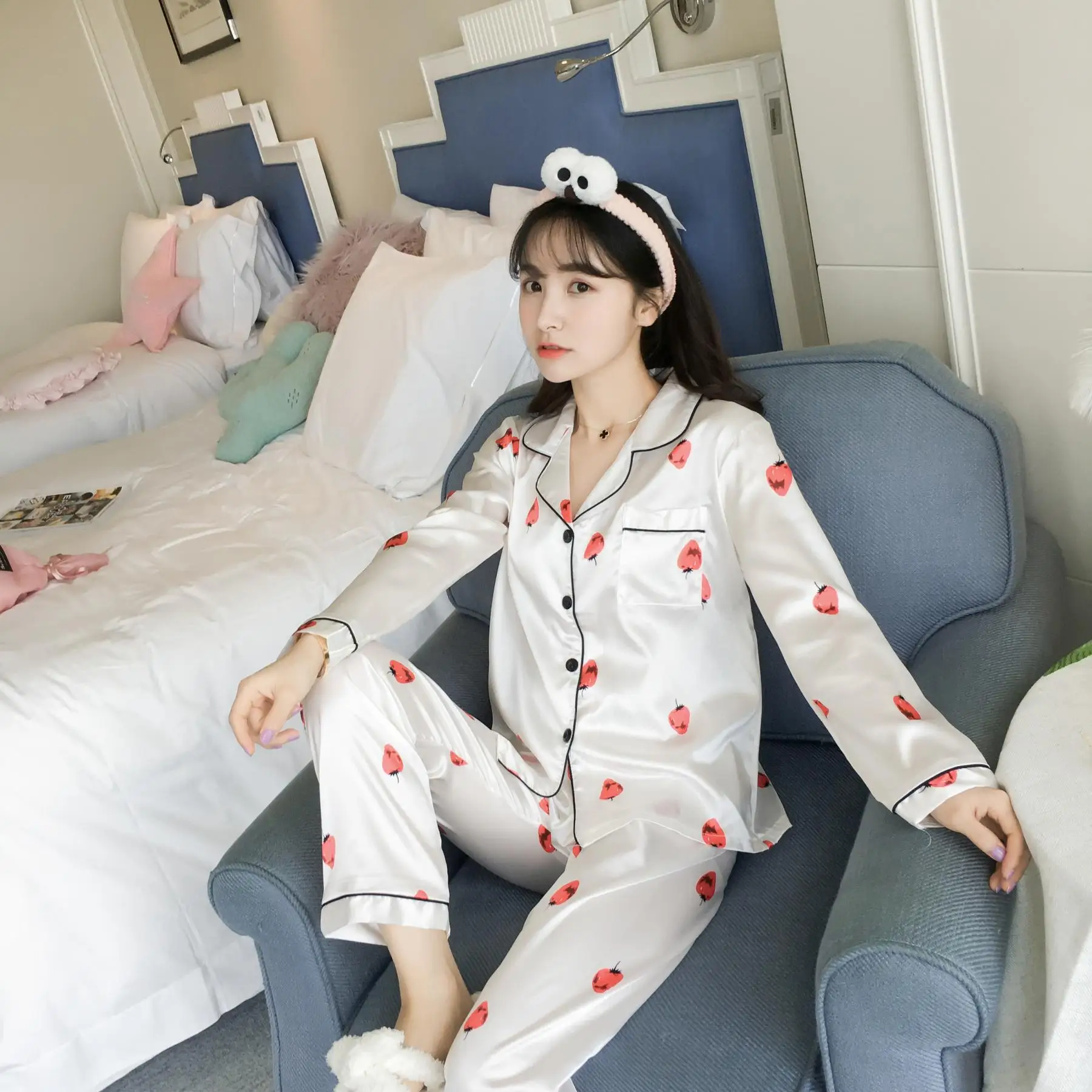 Spring And Autumn Pajamas Long Sleeve GIRL'S Imitated Silk Fabric Fashion Simple Waxberry Open Buckle Plus-sized Trousers Homewe