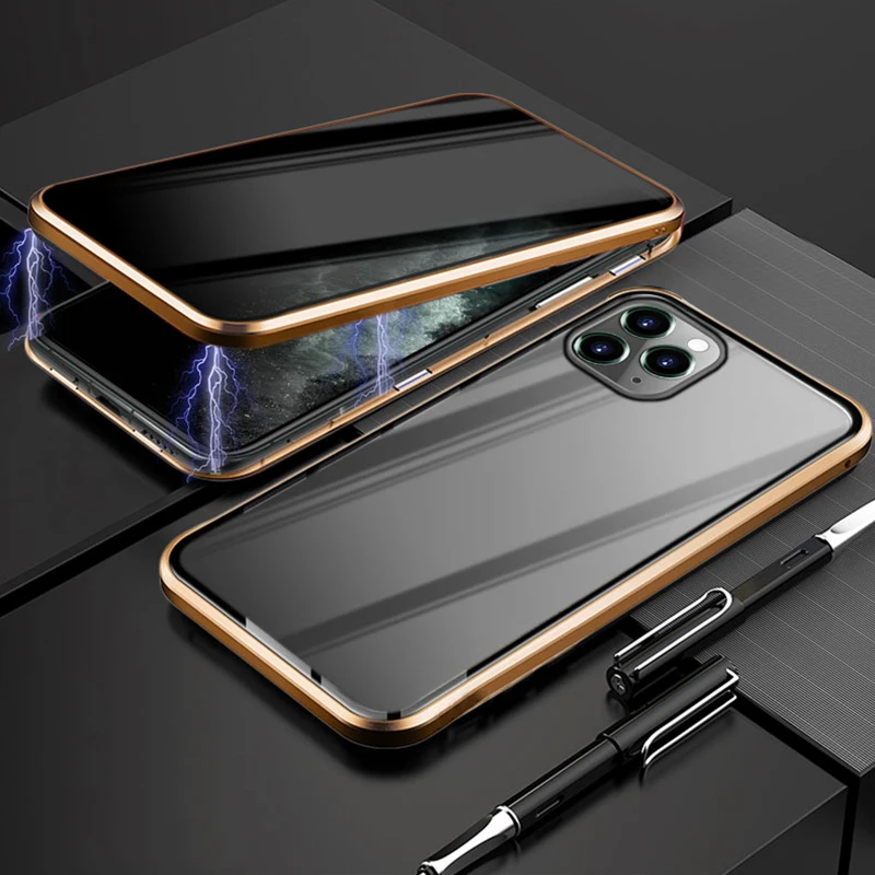 Магнитный абсорбирующий чехол, совместимый с iPhone 11 Pro Max, двухсторонний чехол из закаленного стекла, OC - Цвет: Золотой