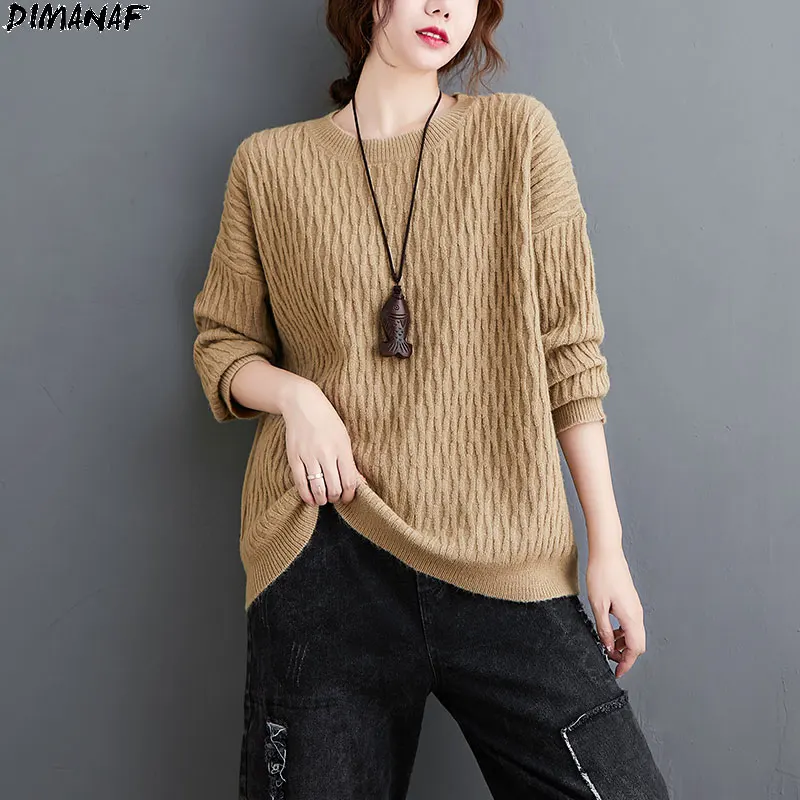 

DIMANAF 2020 Plus Size Sweaters Autumn O-Neck Show Thin Pullover Women Female Elegant Loose Casual Knitting Vintage New Sweaters
