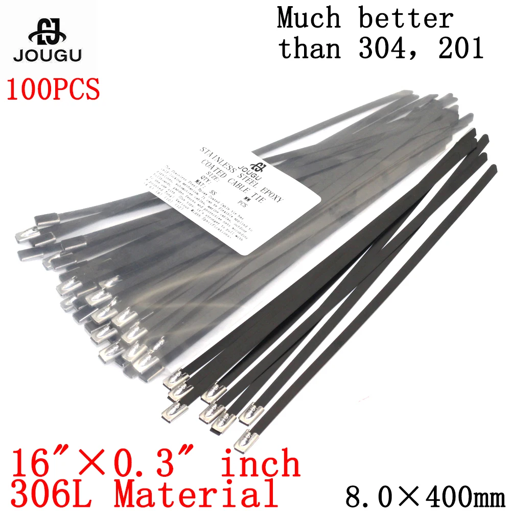 

stainless steel Cable Tie 100PCS 8×400mm 316 material black Strong epoxy coated Marine Grade Metal Ties Zip Tie Wraps Exhaust