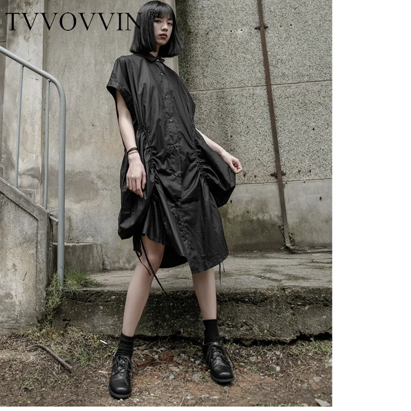 TVVOVVIN Темный стиль личности карман сплошной черный цвет платье женщина девушка короткий рукав неправильный дизайн L224