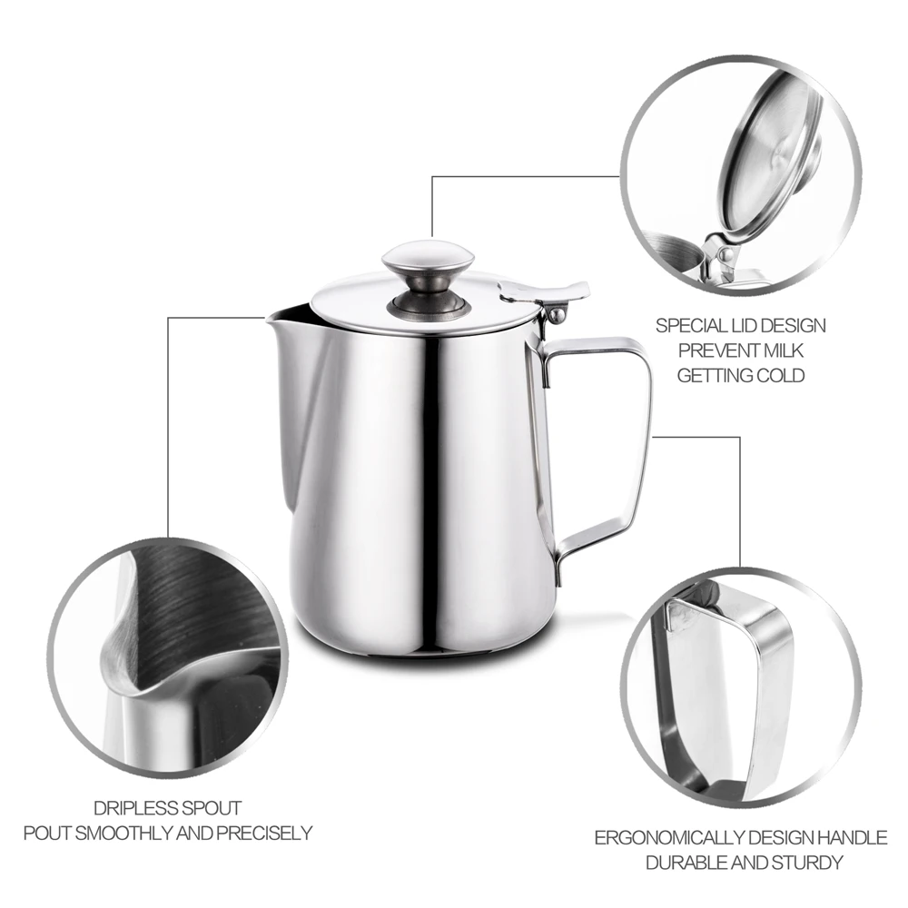 Milk Frothing Jug Stainless Steel Coffee Cup with Lid 350ml 600ml