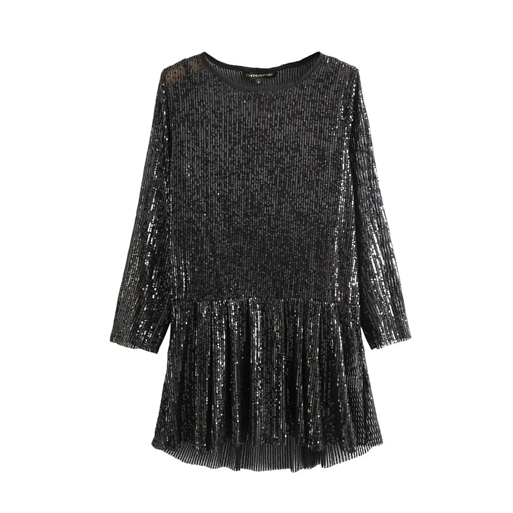 Женское мини платье с круглым вырезом длинным рукавом и оборками по краям|Платья|