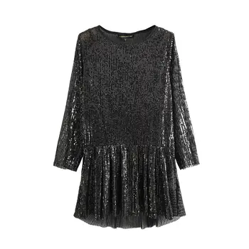 

Za women's New Round Neck Long Sleeve Ruffle edge straight tube low waist line Sequin bead mini dress in early spring 2020