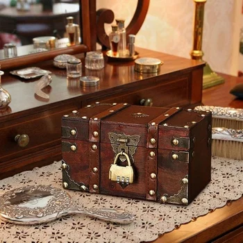

Retro Treasure Chest with Lock Vintage Wooden Storage Box Antique Style Jewelry Organizer for Wardrobe Jewerly Box Trinket Box