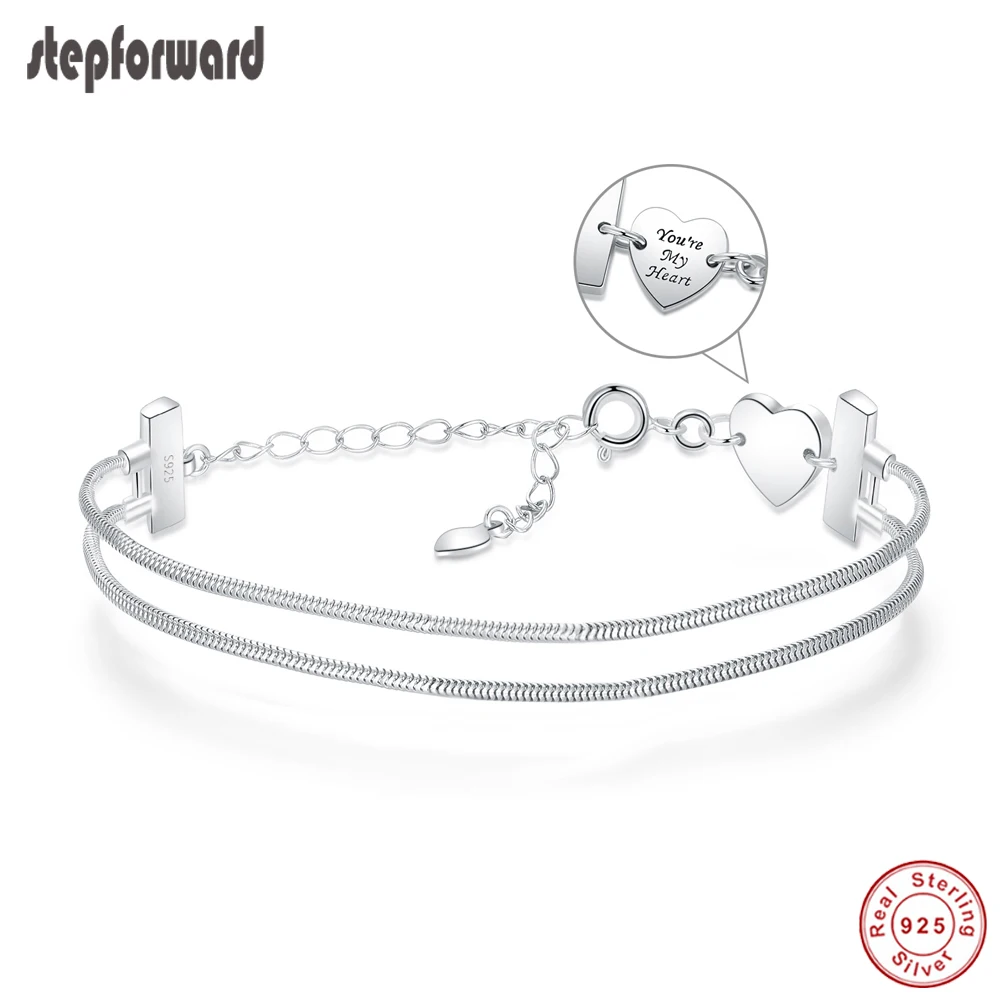Шаг вперед 925 пробы серебро 2-линия по производству браслет Браслеты для Женская цепочка в виде змеи браслет Fit с бусинками в виде сердца
