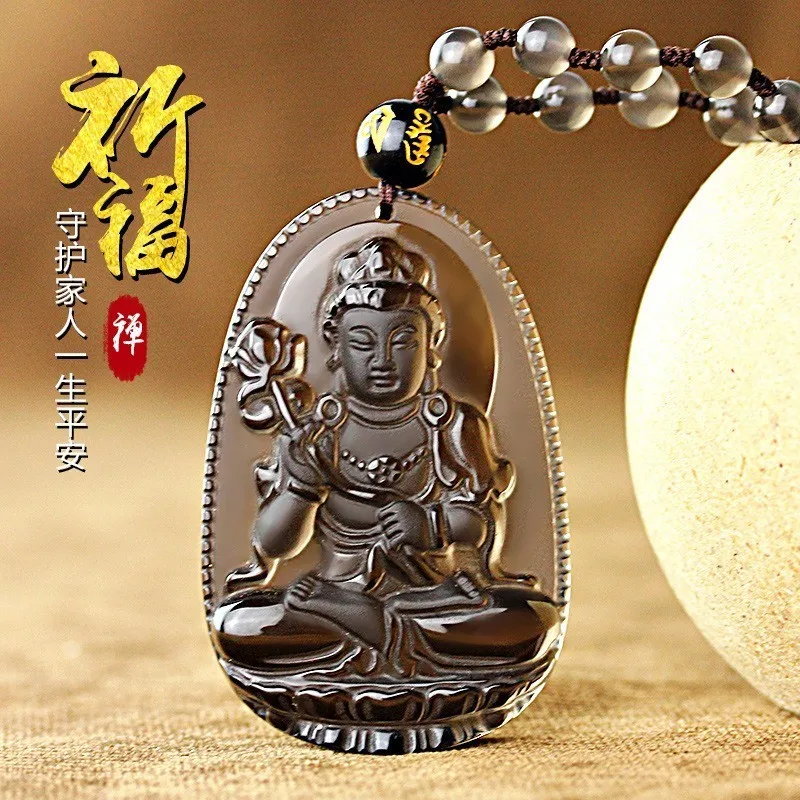 Natural Ice Obsidian Carved Buddha Lucky Amulet Smoky Quartz Pendant Necklace Smoke Crystal Women Men Jewelry Healing Reiki Gift 5