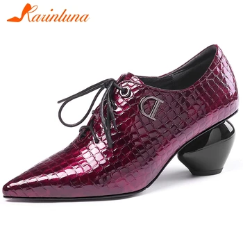 

Karinluna New Design 2020 Genuine Leather Strange Style Shoes Woman Pumps Lace Up Pointed Toe Spring/Autumn Pumps Women Shoes