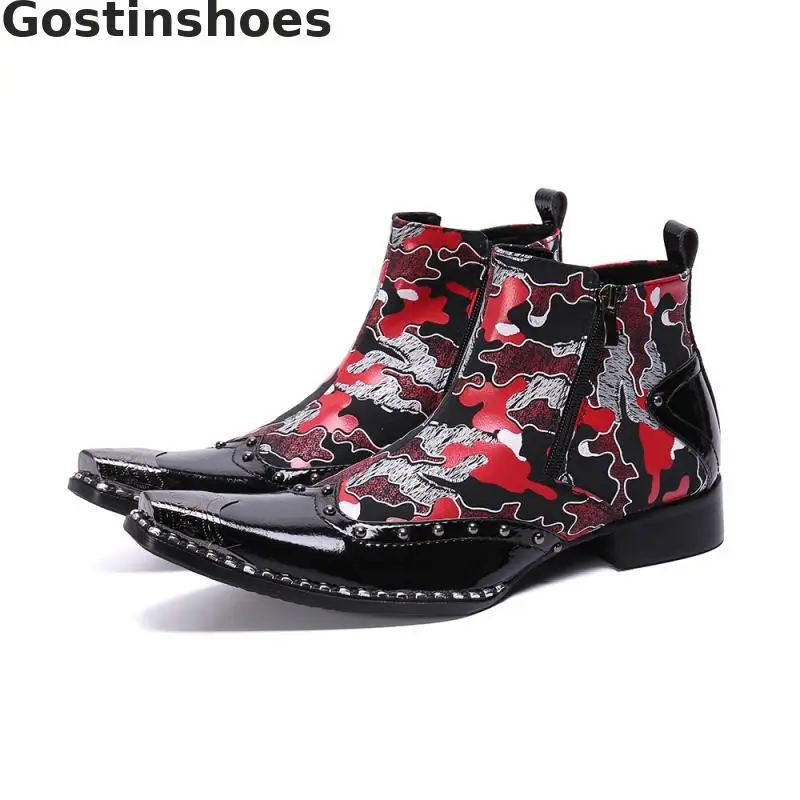 

Fashion Martin Boots Black Genuine Leather Ankle Boots Wing Tip Rivets Decoration Metal Capped Toe Side Zip Bordered Short Boots