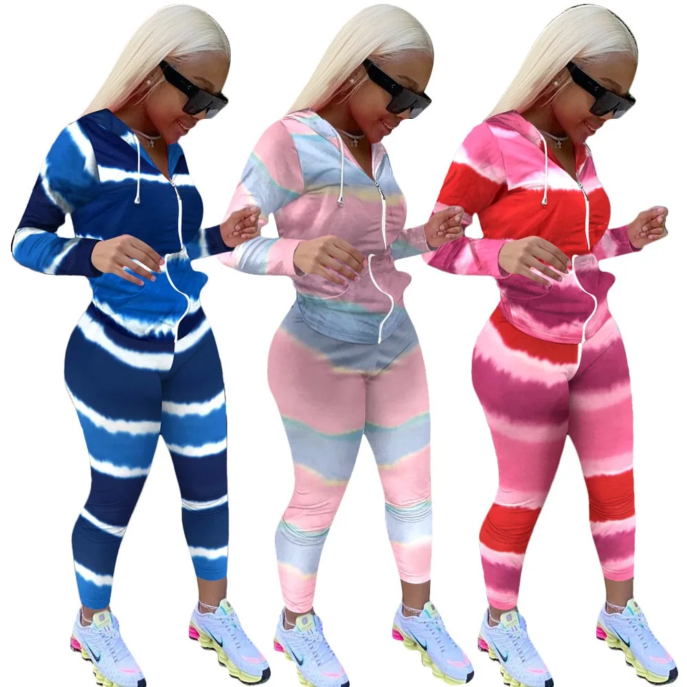 

BONJEAN Active Wear Gradient Striped Print Women's Set Hoodies Tops Jogger Pants Suit Tracksuit Two Piece Set Fitness Outfit