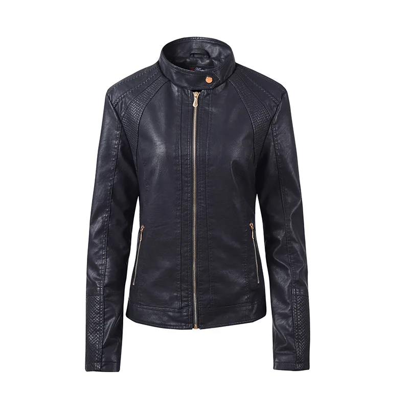 Новая Женская весенне-осенняя куртка из искусственной кожи, повседневная мотоциклетная куртка с длинным рукавом и подставкой, Женская куртка из искусственной кожи, пальто, топы - Цвет: YQZ1863black