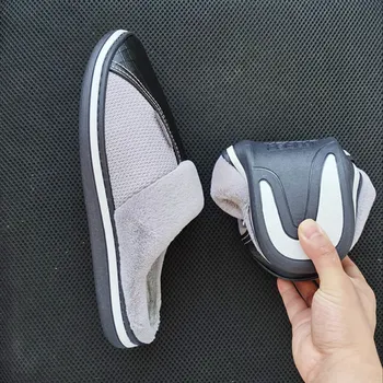 

Unisex large size 49 50 leather slippers men's rubber comfort winter home shoes man furry slippers