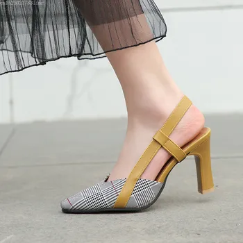 

2019 Beie Yellow Black Slip on Slinbacks Hih Heels Womens Shoes Plaid Shoes Woman Hih Heel Pumps Summer Plus Size