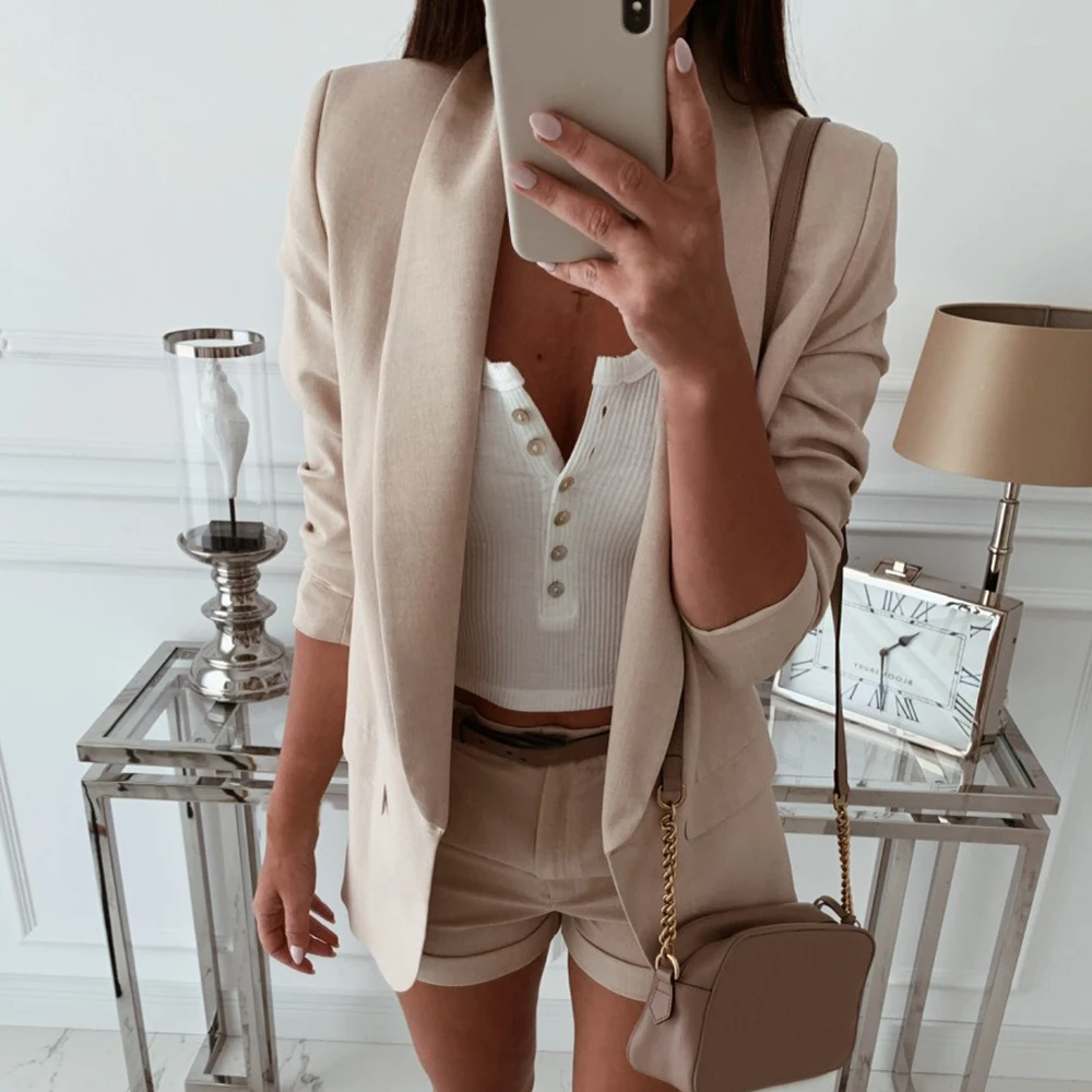 

CALOFE Women Turn Down Collar Suit Jacket Autumn Solid Lapel Slim Blazer Jacket Ladies Business Office Coat Cardigan Outerwear